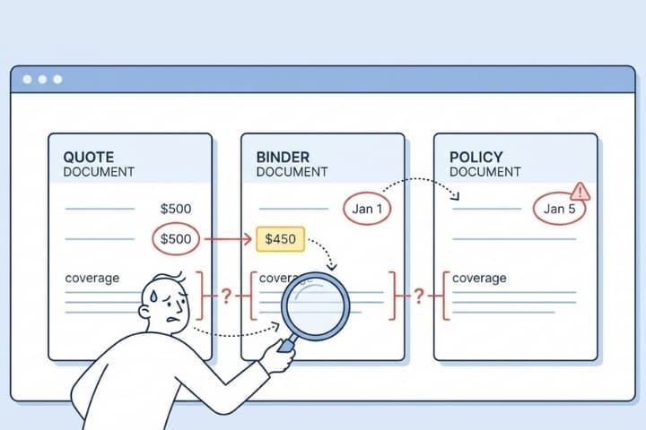 Manually comparing quotes, binders, and policies
